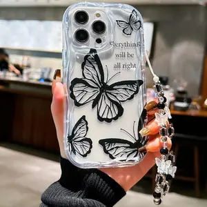 Butterfly Pattern Phone Case with Beaded Chain, Anti-fall Phone Cover, Shockproof Phone Protective Case Compatible with iPhone 15 14 13 12 11 Series