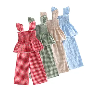 Toddler Baby Little Girl Summer Outfits Casual Plaid Smocked Flying Sleeve Tops and Pants Set 6M-5T