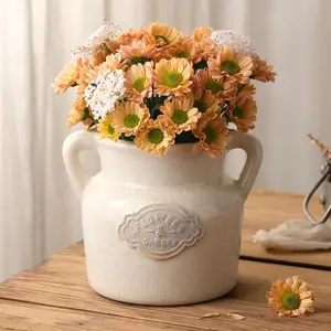 Rustic White Ceramic Vase, 5.8 Inch Vintage Flower Vases with Handle, Farmhouse Distressed Decorative Vases for Home Decor, Wide Mouth Vase for Living Room Bedroom Table Shelf Decorations