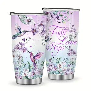 20oz Stainless Steel Insulated Vacuum Flask - Faith, Love, Hope Hummingbird Orchid Watercolor Floral Tumbler with Lid, Portable Inspirational Quote Coffee Cup for Women, Christian Faith Birthday Gift for Hot/Cold Drinks, Insulation, Coffee Vacuum Flasks