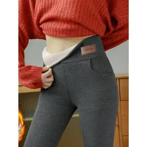 Women’s high-waisted fleece-lined leggings with pockets — warm, thick rayon blend winter pants with a high-stretch elastic waistband and snug long length for casual outdoor wear; black.