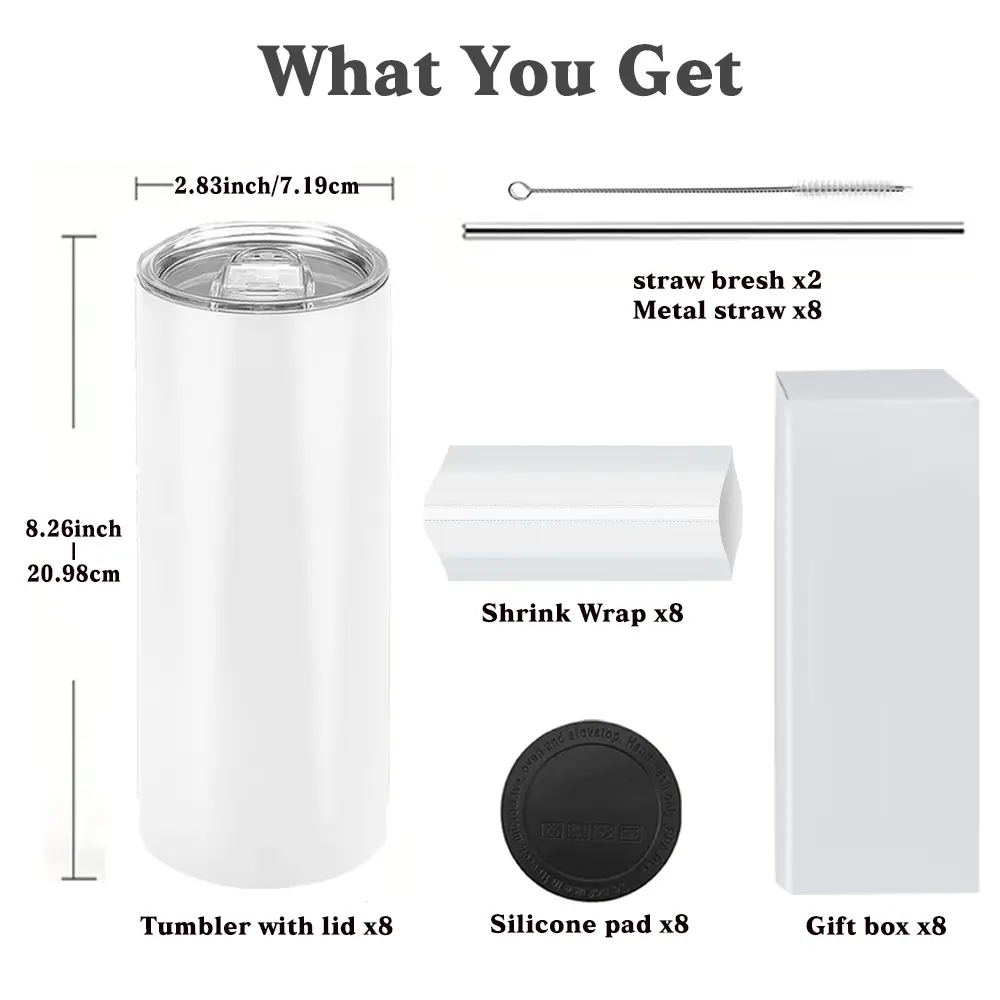 8-Pack 20-Oz Classic Skinny Straight Stainless Steel Insulated Water Bottles - Sublimation Tumbler Blanks with Blank Surface, Polymer Coating, Leak-Proof Lid, Straw, Anti-Scalding Rubber Bottom, Gift Box for Daily Use Heat Transfer Customizable Drinkware