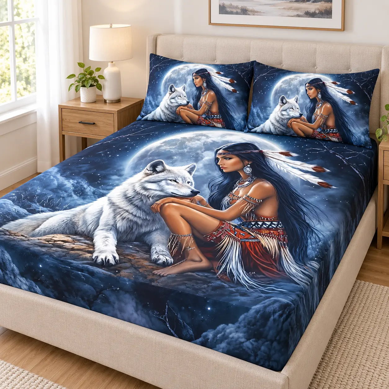 3-Piece Wolf Moon Fitted Sheet Set, Polyester Bedding with 2 Pillowcases, Fantasy Night Sky Bedroom Decor, Twin Full Queen King