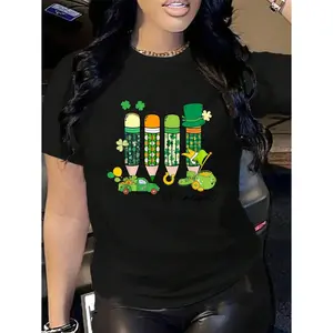 100% Cotton Principal Pencil Shamrock Happy St Patrick Day Saint Pattys T-Shirt Men's Women's Soft Breathable Tee Classic Fashion Summer Tops Printing Short Sleeve T-Shirt Summer, Cotton, Casual, Short Sleeve, Graphic Tee, Soft, Breathable, Loose Fit, Str