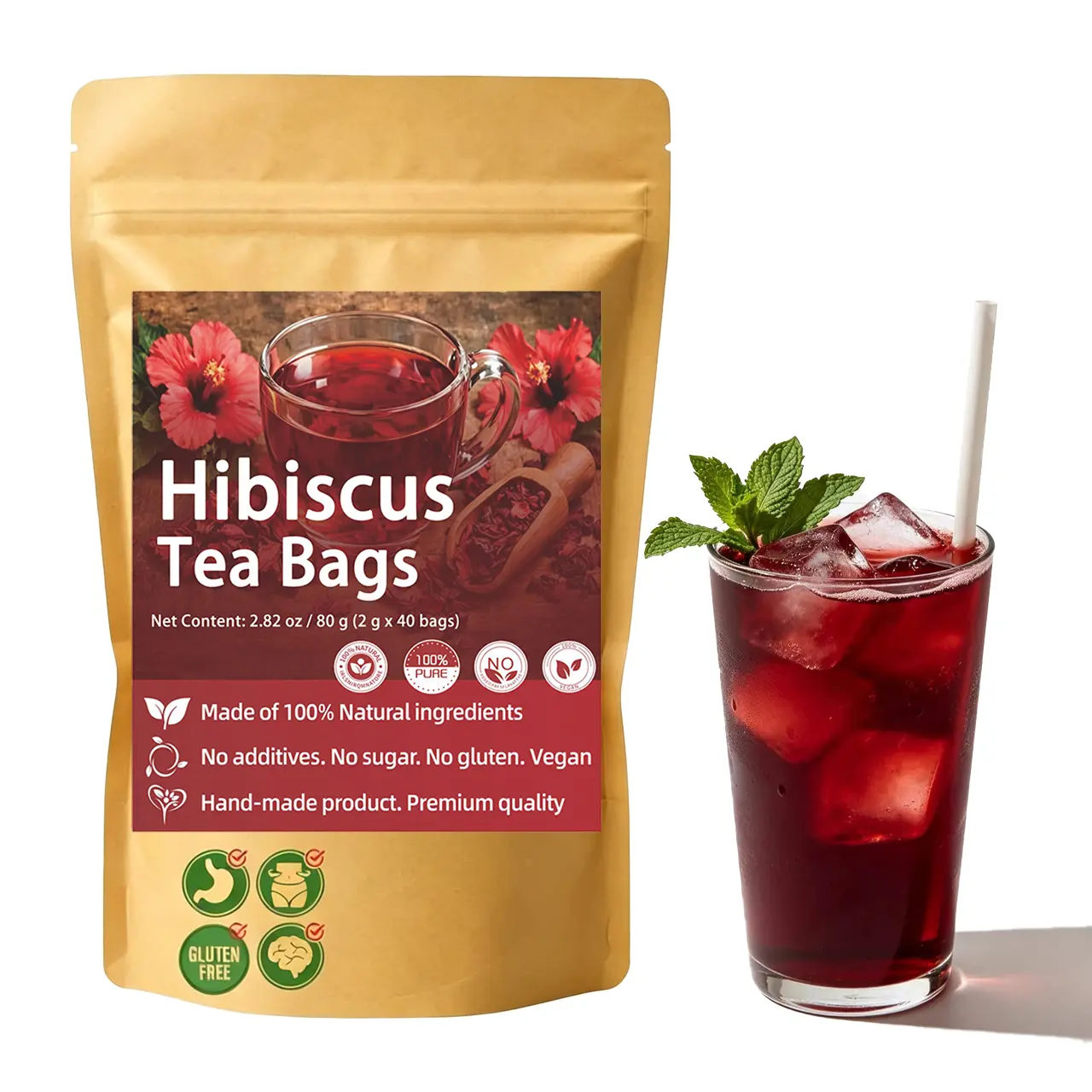 Hibiscus Tea, Premium Hibiscus Flowers Tea Bags, 100% Natural, Pure from Hibiscus Flowers，Non-GMO & No Sugar, No Caffeine, No Gluten, Vegan (60g/pack) | JX.Herbal Tea summerwins