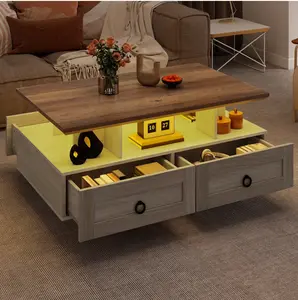 Rustic Coffee Table with Drawers & Storage Shelf, Center Table with LED Lights, Pine