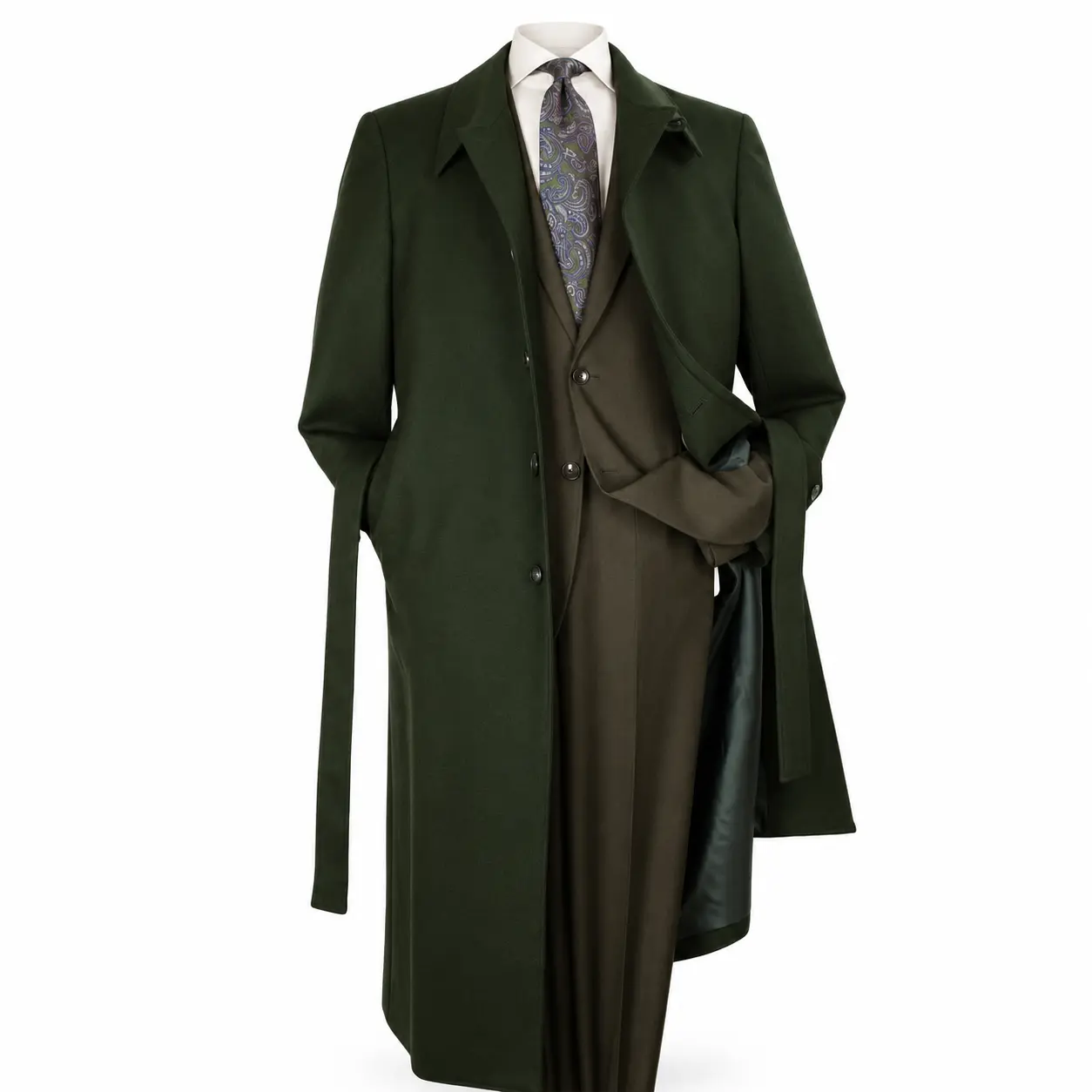 Green Belted Wool Gabardine Duster Coat