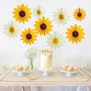 9 packs of yellow paper flower wall decorations, paper fan sunflower hanging decorations, wedding and birthday party decorations