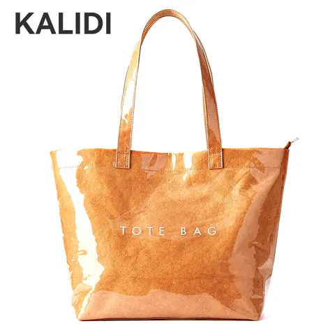 KALIDI Chic Aesthetic Women's Tote Bag - PVC+Kraft & Sand-Proof Waterproof Leakproof TPU Combo, Macaron-Style Vintage Synthetic Large Zipper Hobo, Double Handle Anti-Crease Casual Trendy Bag for Work, Daily Commute with Daily Elegance