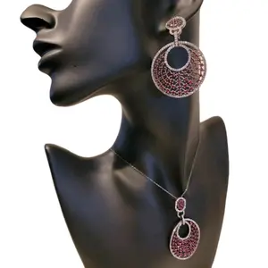 Sunburst Fuchsia and Silver Necklace, Ring and Earrings Statement Jewelry 3-Piece Set