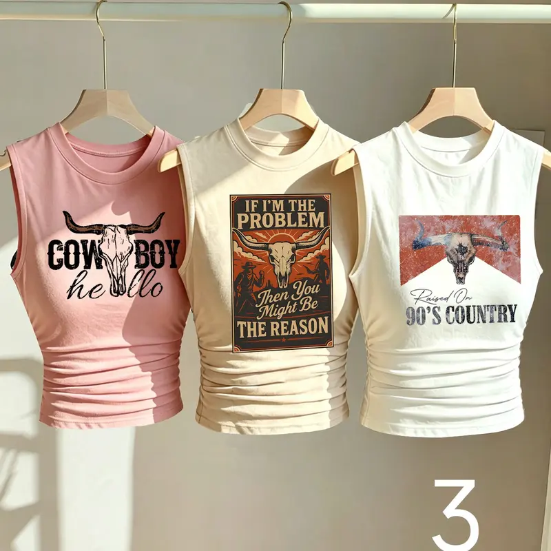 3-Pack Sexy Round Neck Casual Sleeveless Knit Tops, Slimming Design, Versatile, Fashionable and Casual, Perfect for Summer, Skull Print, Women's Daily Wear, Sleeveless Printed Top