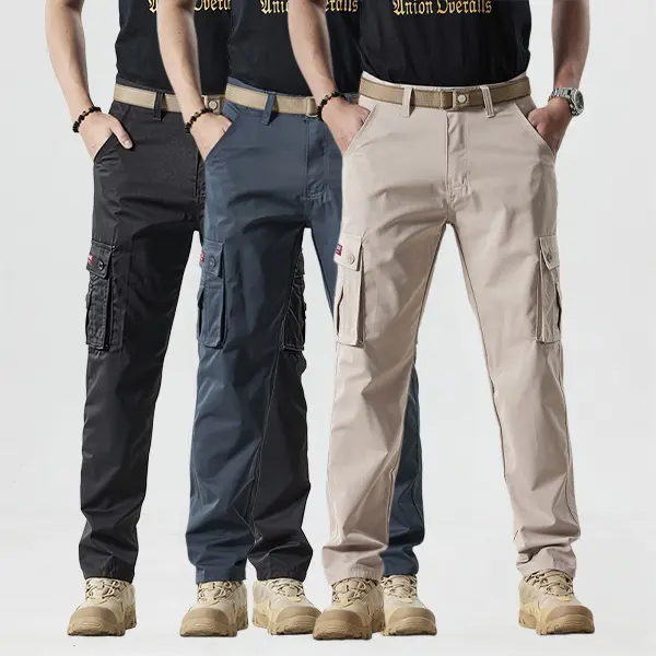 Men’s 3-pack straight-leg cargo pants with multiple flap side pockets, lightweight and breathable, suitable for outdoor hiking and everyday casual wear