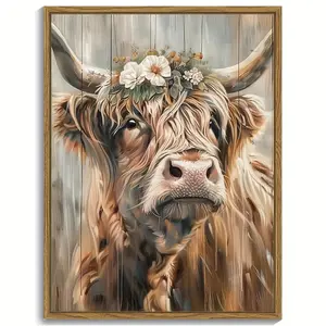 Vintage Rustic Highland Cow Flower Arrangement Wood Framed Wall Art Farmhouse Retro Watercolor Bathroom Bedroom Living Room Painting Guest Artwork Decor Ornaments Decoration Artistic
