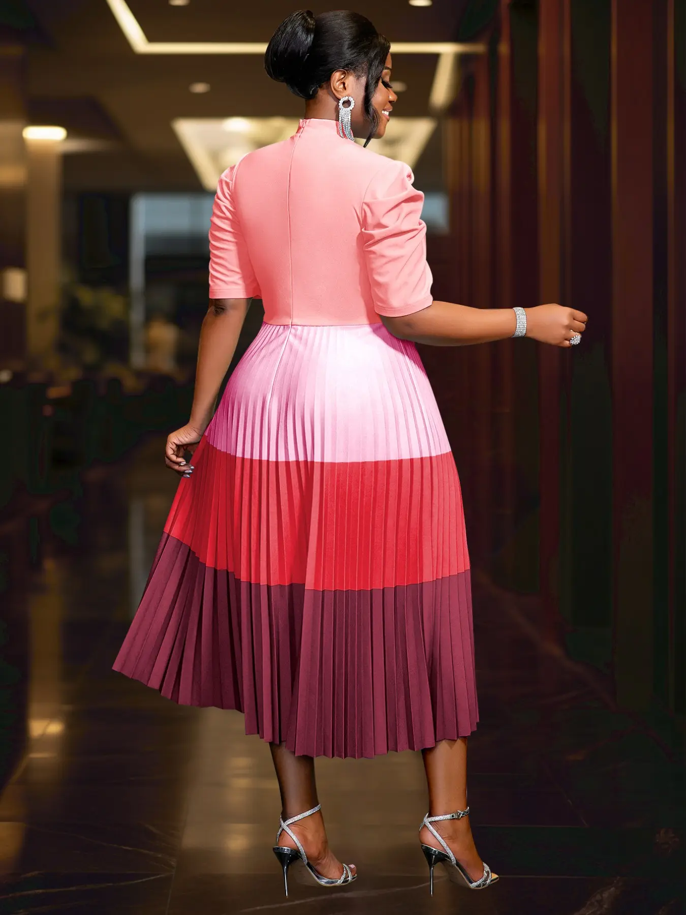Elegant Formal Wear Colorblock A Line Midi Dress Women Short Puff Sleeves  Half High Collar with Bow Pleated Church Office Female Outfits Chic -  TikTok Shop