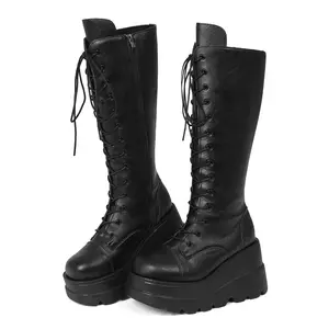 AOSPHIRAYLIAN Black Gothic Platform  Chunky Boots for Women ound Toe Mid Calf Back Zipper Motorcycle Boot Vegan Leather Mid Calf Wedge Punk Combat Boots AOSPHIRAYLIAN