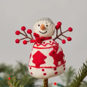 Snowman Christmas Tree Topper, Xmas Winter Ornament Decor, Handcrafted Holiday Decoration, Wool Felt Decor, Cute, Plush, Red White Color, 7" Tall