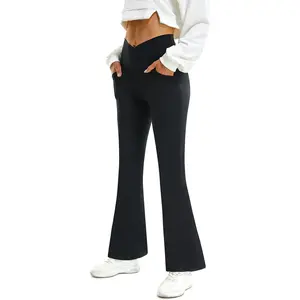 Womens Crossover Flare Leggings with Pockets Bootcut High Waisted Yoga Pants Tummy Control Gym Workout Work Pants