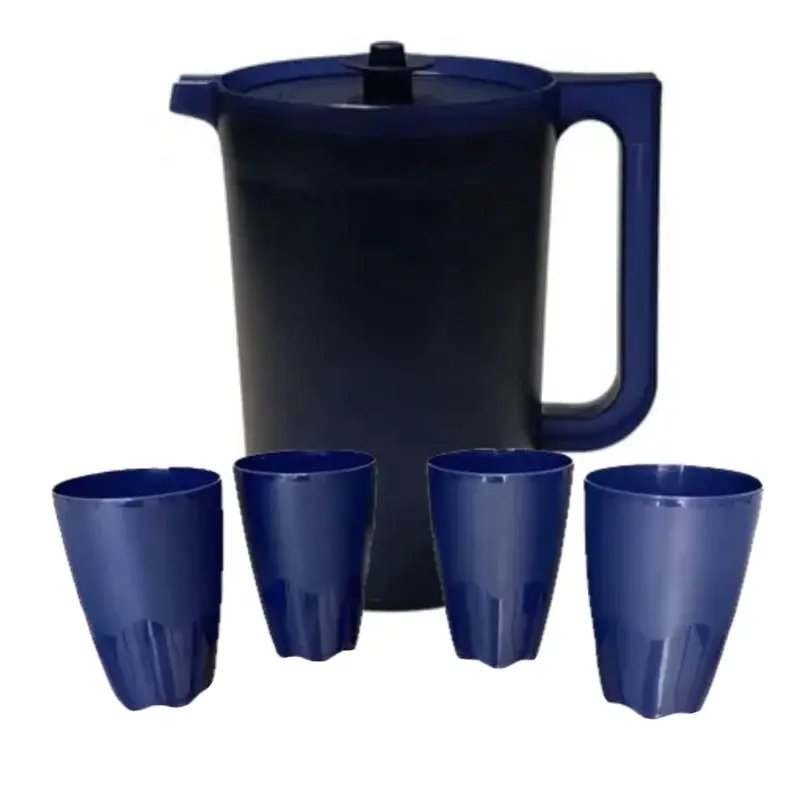Navy Blue 2 Qt Push-Bottom Cold Water Pitcher with 4 Floresta 18 oz Cups, Ice Tea Carafe, Kitchen Drinkware Set