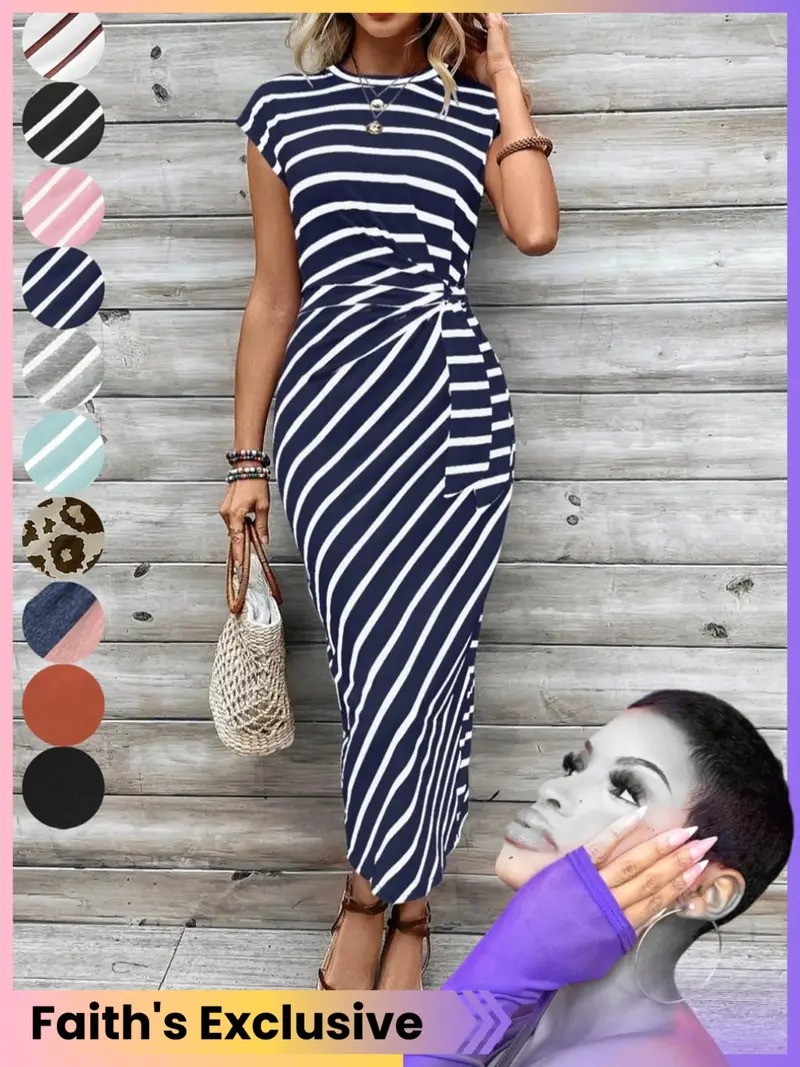 slim fit dress slacks MO&Co. Women's Striped Slim Fit Slit Dress Fitted Casual Stripe Dress Stripe Size S main image 0