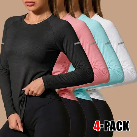 Women's 4-Pack Crew Neck Quick-Dry Tops - Breathable Activewear Clothes, Running Gym Shirts, Women's Clothes for Spring-Autumn Fitness & Everyday Use