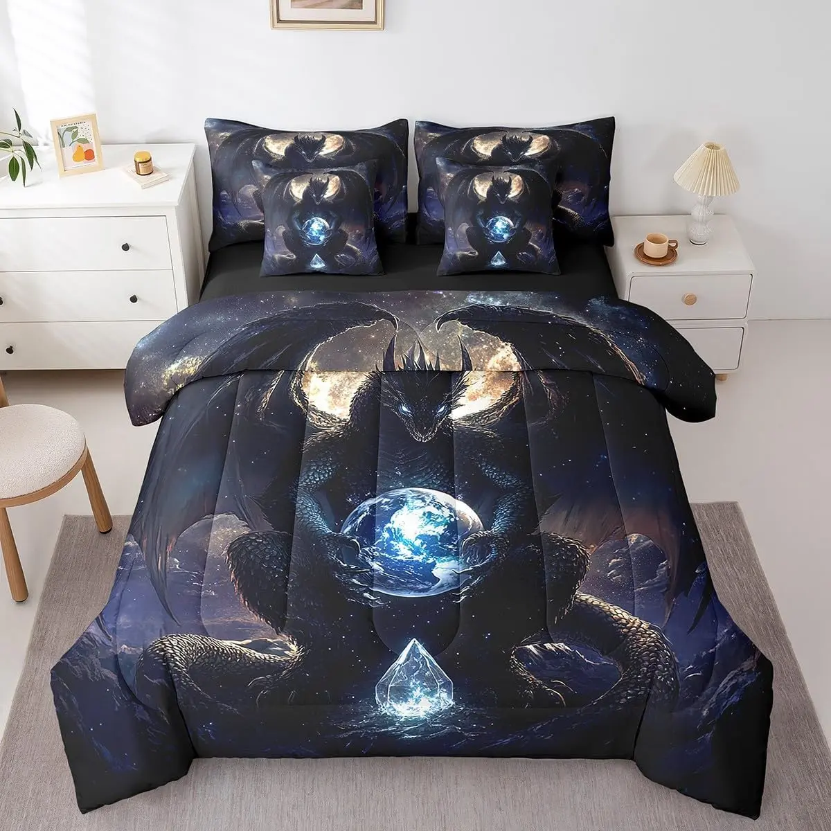 Dragon Comforter Set with Sheets Dragon Stuff Bed in a Bag Wild Life 7 Pieces Bedding Set Dragon Decor Bed Set Room Decor Black