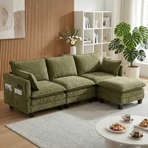 Eyisean 110.4" Chenille Modern Modular Sectional Sofa, 3 Seat L Shaped Upholstered Couch with Movable Ottoman, Comfy Deep Seat Sofa with USB Ports & Side Pocket, Durable Double-Layer Support Couches for Living Room, Bedroom, Apartment
