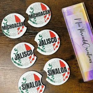 Estados Mexicanos Car Coasters Rubber, Set of 2, Non-Slip Base, Mexican States, Mexico, Mexicano Universal Fit,  Gift, Car, Various Styles, Gift For Her, Gift For Him, Sinaloa,CDMX,Michoacán,Jalisco,Nuevo León,San Luis, Querétaro,Guanajuato,Chiapas