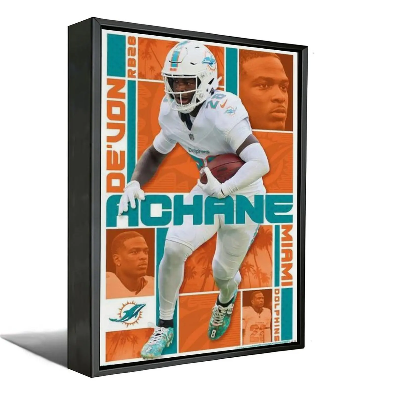 Miami Dolphins Football Poster - Orange and Teal Sports Canvas Print, Modern Athlete Wall Art, Box Pack Home Decor for Bedroom, Game Room