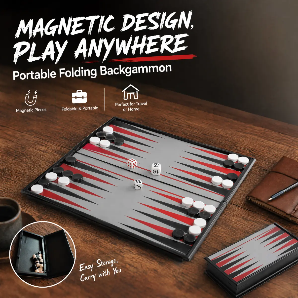 Magnetic Backgammon Set Portable Folding Board Game, Travel Size Pocket Tabletop Game with Strong Magnetic Pieces, Compact Classic Board Game for Family Game Night, Camping & Travel dice