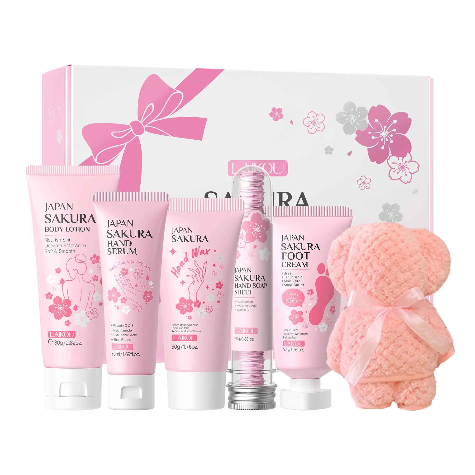Laikou Sakura Care Set, Foot Cream, Body Lotion, Soap Sheets, Hand Wax, Hand Serum, Bear Towel, Gift Box, Skincare Essentials, Body Care Sets, Body Beauty Set, Body Care Pack, Body Care Bundle