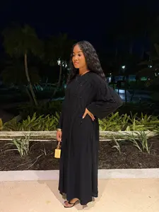 Amira Black on Black Abaya Set with Hijab & Belt - Elegant Cotton Abaya Dress with Rhinestones for Women's Occasion Wear