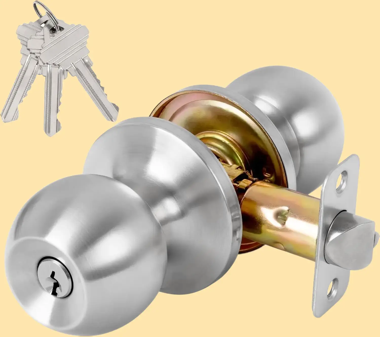 Keyed Entry Door Knob with Lock and Key, Exterior and Interior Door Lock for Bedroom, Entry Door Handle for Front Door，Satin Nickel
