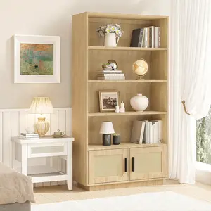 5 Tier Bookshelf, Boho Bookcase with Rattan Doors, Wooden Bookcase with Storage, Tall Book Stand, Large Bookshelf for Living Room, Bedroom, Home Office, Kitchen