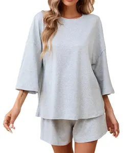 Womens 2 Piece Outfits Casual 3/4 Sleeve Tops Elastic Waist Shorts Cozy 2 Piece Lounge Sets