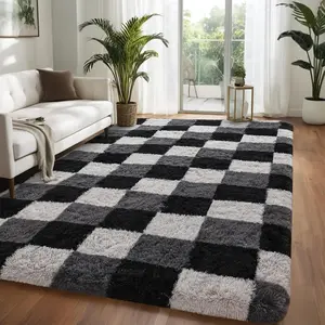 Nuttumico Aesthetic Rugs for Bedroom, 5x7 Ft Dark Grey Checkered Area Rug for Living Room, Thickened Memory- Fluffy Carpets, Ultra-Soft, Non-Slip and Easy to Clean
