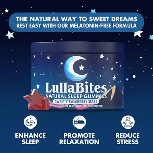LullaBites - Natural Sleep Gummies - Made in USA - With 5-HTP, L-Theanine, Magnesium & Valerian Root - Melatonin Free - Vegan - Halal - Sugar, Gluten Free - Sweet Strawberry - 60 Gummies - 30 Servings chewable dietary supplement, relaxation mineral chews