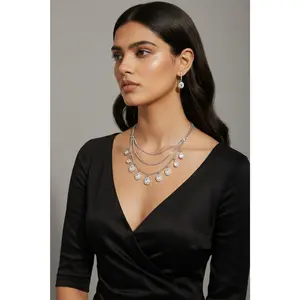 Sania - Minimal Kundan Necklace and Earring Set in Rhodium Plating