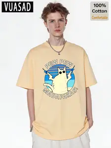 Vuasad Men's 100% Cotton Short Sleeve T-Shirt, Cute Cat Dog Print, Loose Fit, Casual Style, Long Sleeve, Trendy Fashion