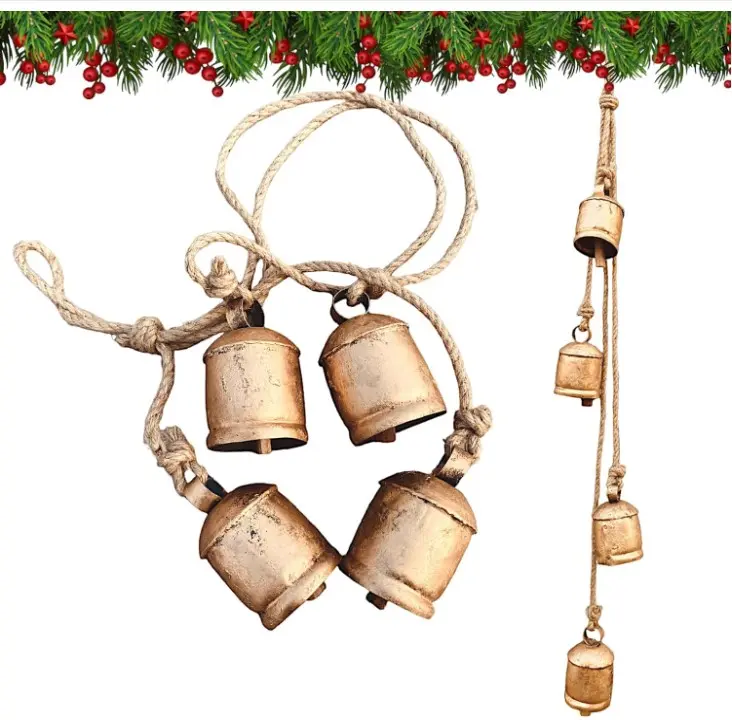 Shabby Chic Bells Rustic Hanging Jingle Christmas Tree Decor - Large Handmade Lucky Cow Bells Vintage Rustic Metal Tranquil Wind Chimes Solid Decorative Wall Hanging décor Home Decor Gifts
