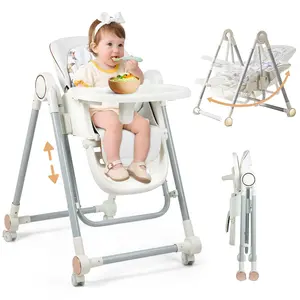 Foldable High Chair for Babies and Toddlers,Baby Swings for Infants 6-36 Months Old, Portable Baby Chair with Adjustable Backrest, Footrest, Tray, and Seat Height, Detachable Leather Cushion