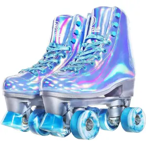 Roller Skates for Women, Very Peri Blue Holographic High Top Faux Leather Rollerskates, Shiny Double-Row Four Wheels Quad Skates for Girls Age 8-51 Indoor Outdoor (Blue)