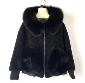 Black Coat - Fur Hood, Pockets, Casual Women's Jacket, Long Sleeve, Fitted Style