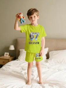 Metal Style 67-Piece Boys' Two-Piece Outfit, Short Sleeve and Shorts Set, 100% Polyester Casual Loose Suit, Summer Fun Printed Pattern, Outdoor Sports T-Shirt Set, Perfect Gift for Boys