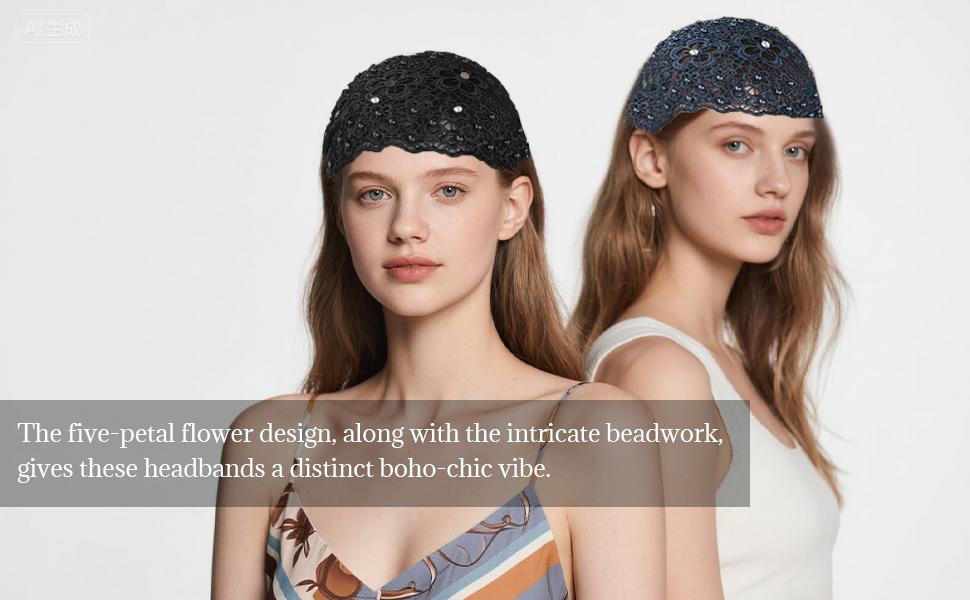 Set of 4 lace headbands for women, wide floral pearl lace elastic headbands, hair accessories for women, fashion, party gift