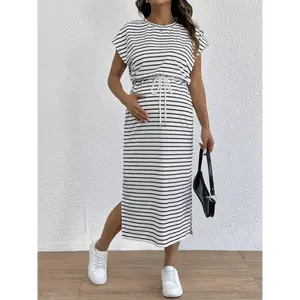 Women's Maternity Polyester Knit Off-Shoulder Bodycon Dress - Black & White Vertical Stripes, Short Sleeves, Tie Waist, Loose Fit, Casual Summer Maternity Clothing, Bodycon Dresses