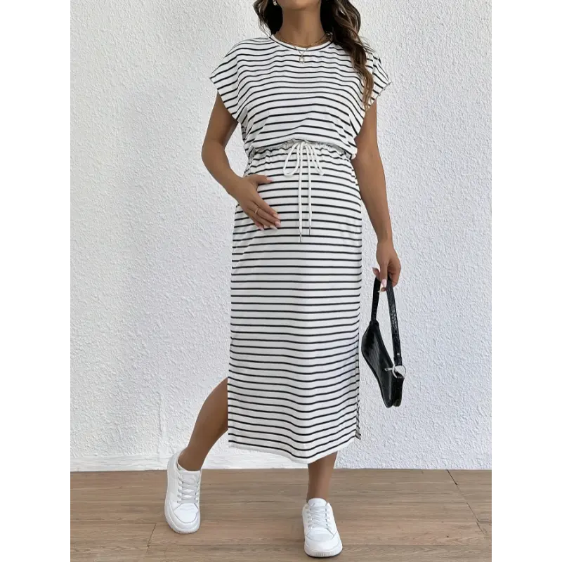 Women's Maternity Polyester Knit Off-Shoulder Bodycon Dress - Black & White Vertical Stripes, Short Sleeves, Tie Waist, Loose Fit, Casual Summer Maternity Clothing - TikTok Shop Women's Maternity Polyester Knit Off-Shoulder Bodycon Dress - Black & White Vertical Stripes, Short Sleeves, Tie Waist, Loose Fit, Casual Summer Maternity Clothing - TikTok Shop