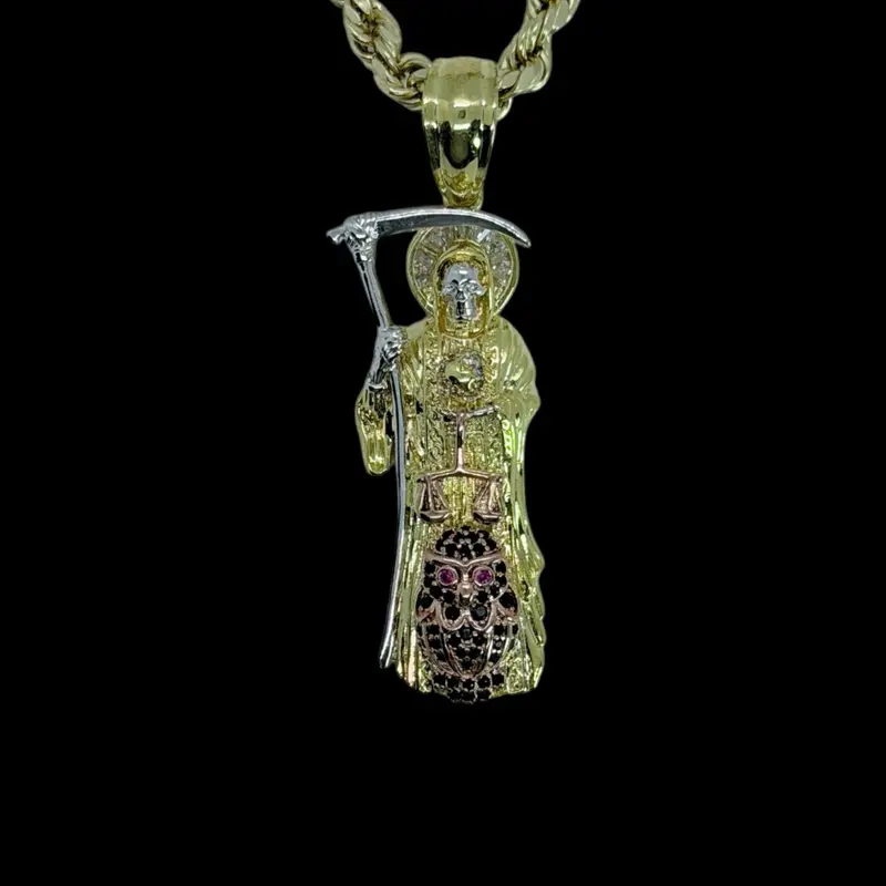14k Gold Plated Tri Gold Santa Muerte with Owl Pendant Necklace, Gothic Grim Reaper Charm Chain Jewelry Necklaces for Daily Wear