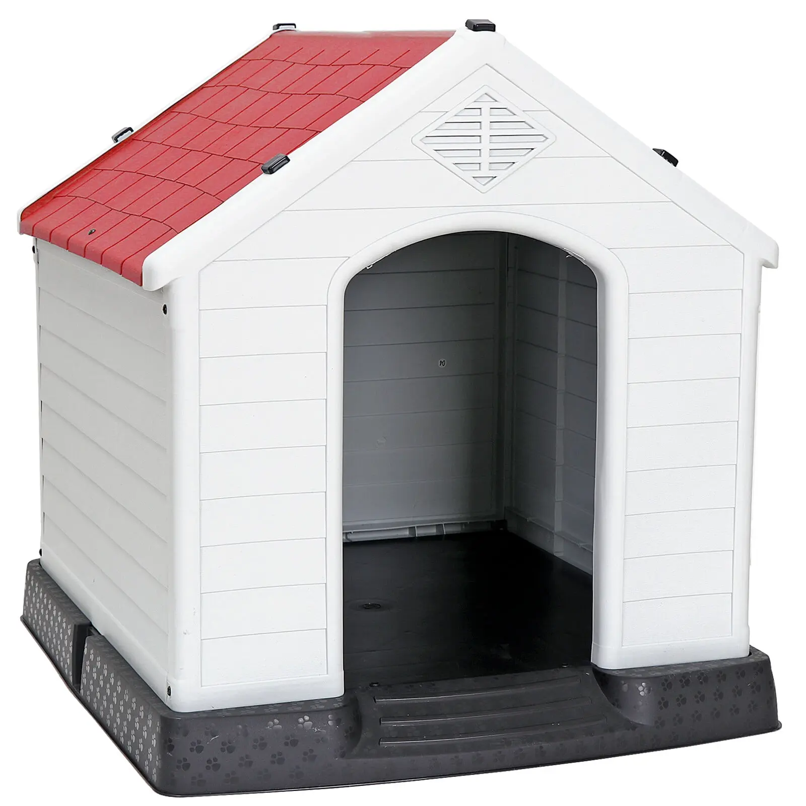Deluxe Portable Polypropylene (PP) Plastic Dog House - Vented Sides, Waterproof, Cooling, Easy to Assemble, 26in(L)x28in(W)x28in(H) Single Unit Indoor-Outdoor Shelter for Small/Med Dogs, Red, 15.44 lbs
