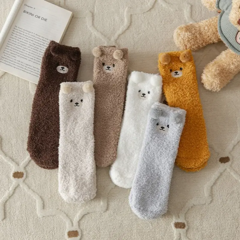 6 Pairs Women's Winter Thick Plush Cute Cartoon Tube Socks, Warm Coral Fleece Sleep Socks, Floor Socks With Long Tube Socks