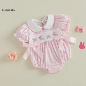 Baby Girls Easter Striped Romper Cute Bunny Embroidery Doll Collar Short Sleeve Jumpsuit Animal Romper Toddler Rabbit Costume